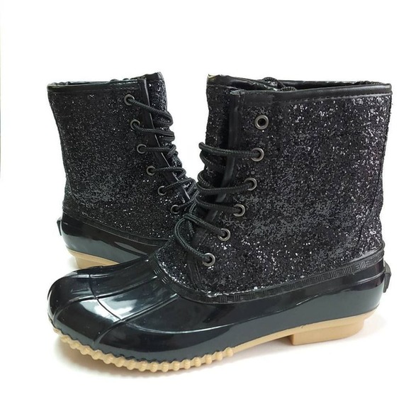 Sugar Shoes - Sugar Duck Boots Women's Size 8 Skipper Glitter Black Rain Boot Fleece Lined